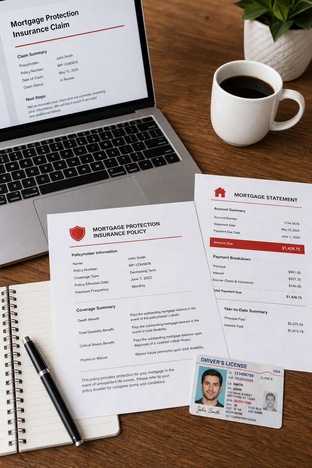 mortgage protection insurance claim documents on a desk
