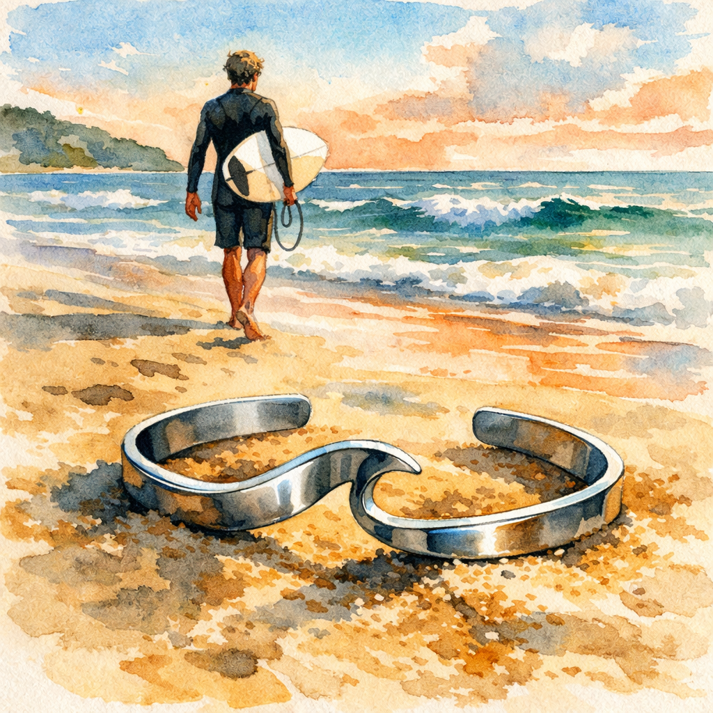 Watercolor scene of a surfer walking on a beach, with a sleek stainless‑steel cuff bracelet glinting in the sand, alt: s