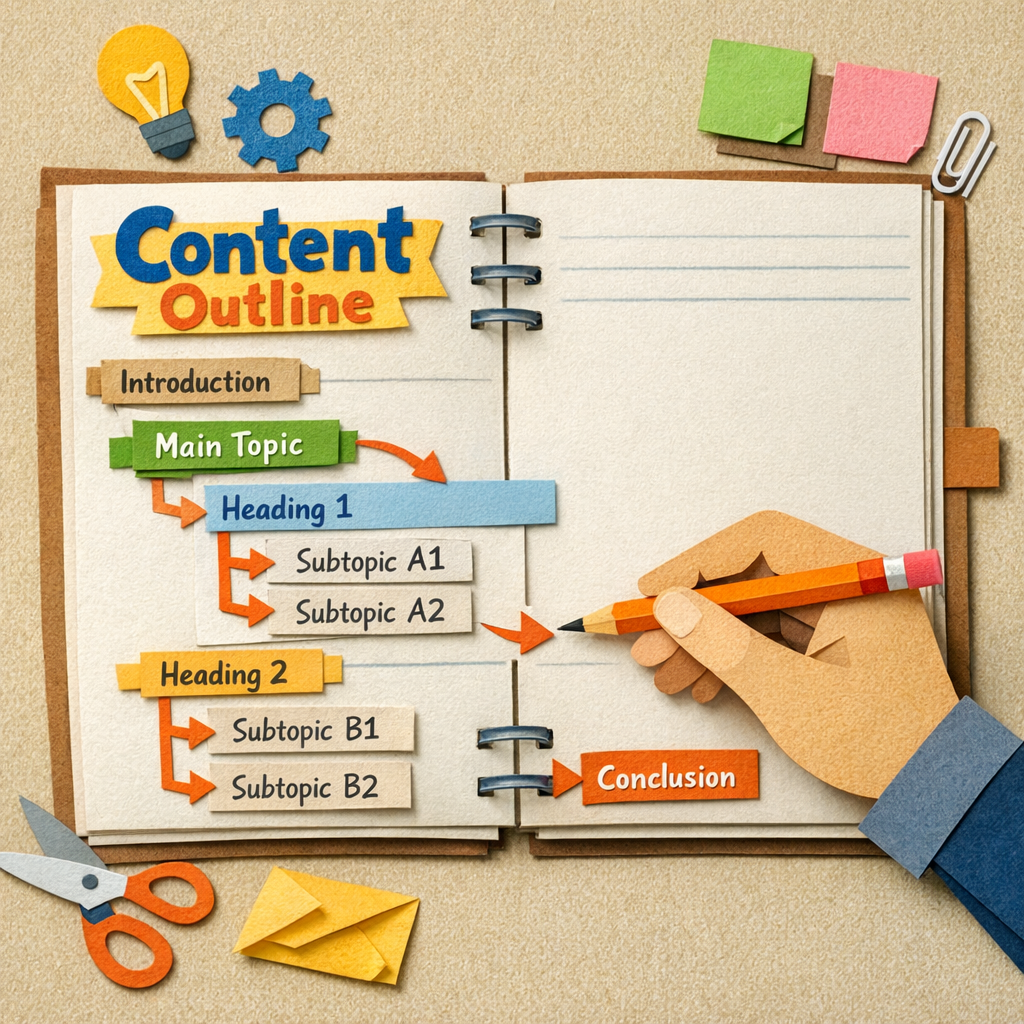 A papercraft style illustration of a hand drawing a structured content outline on a notebook, with arrows pointing to he