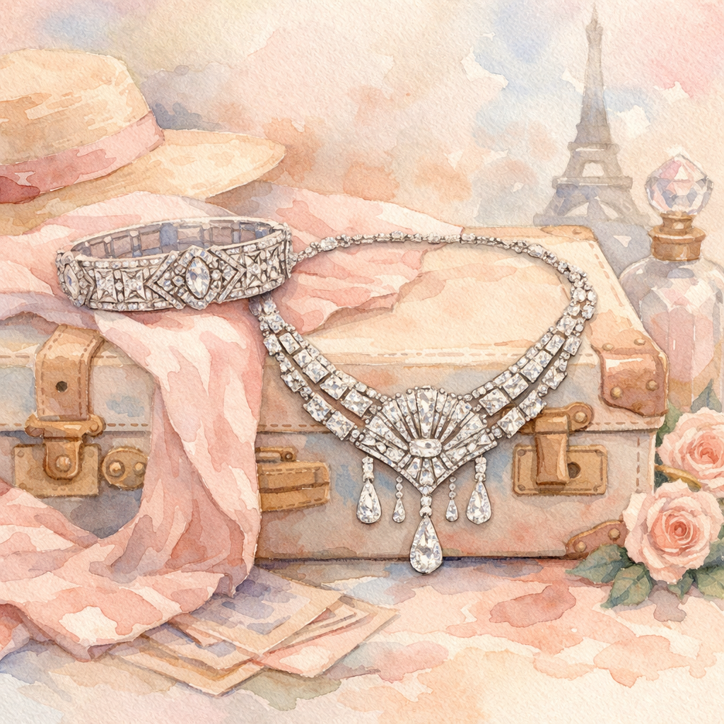 Watercolor scene of a vintage Art Deco necklace and bracelet displayed on a vintage suitcase, pastel palette, alt: vinta