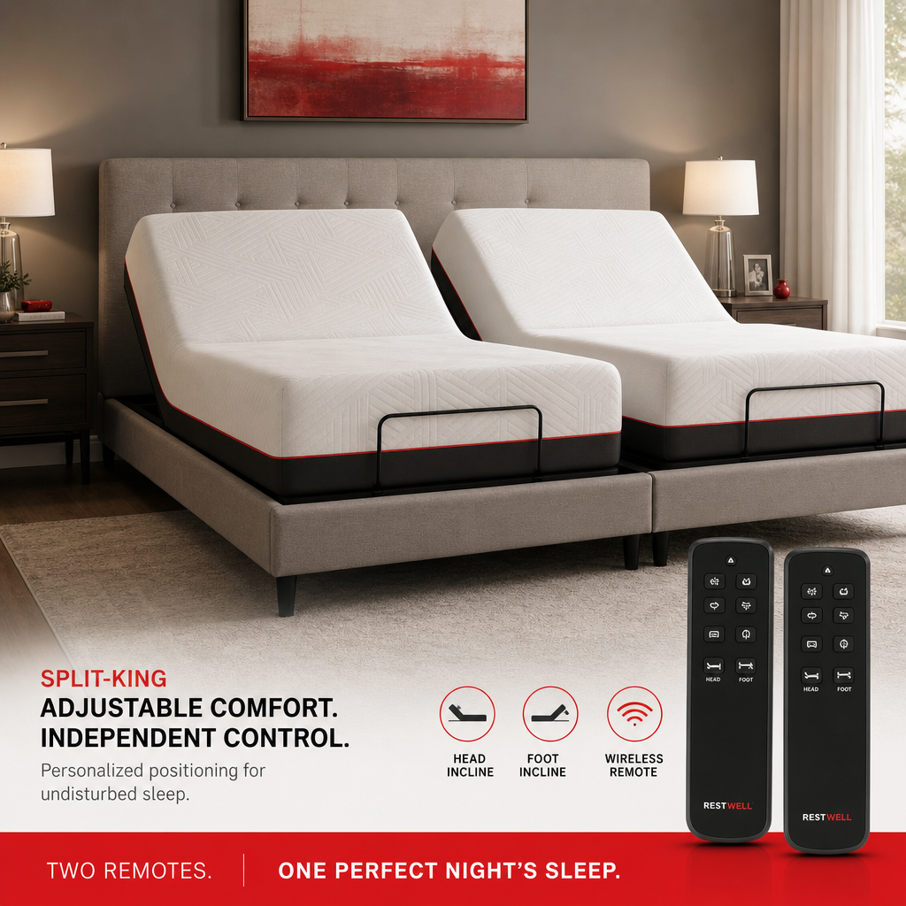 split‑king adjustable bed with luxury mattress and dual controls.