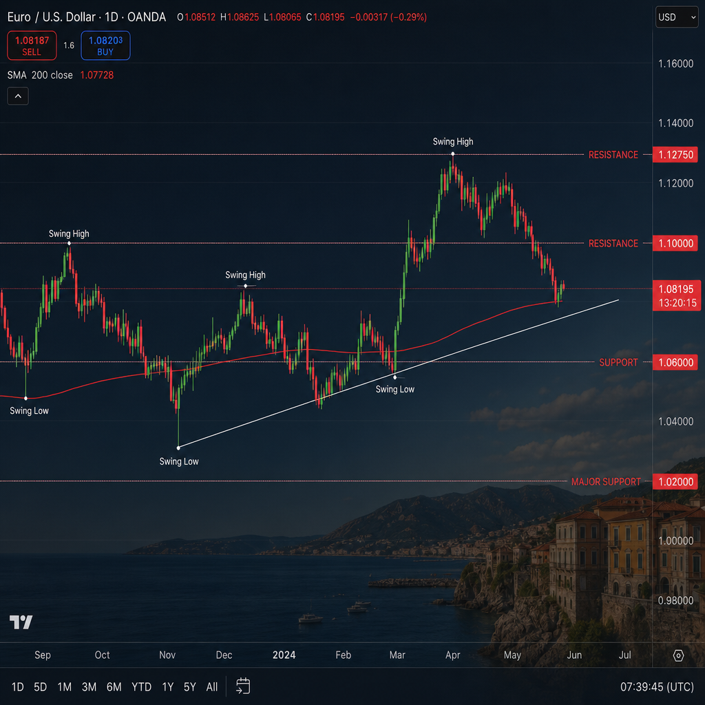 daily EUR/USD chart with trendline and key support/resistance levels.