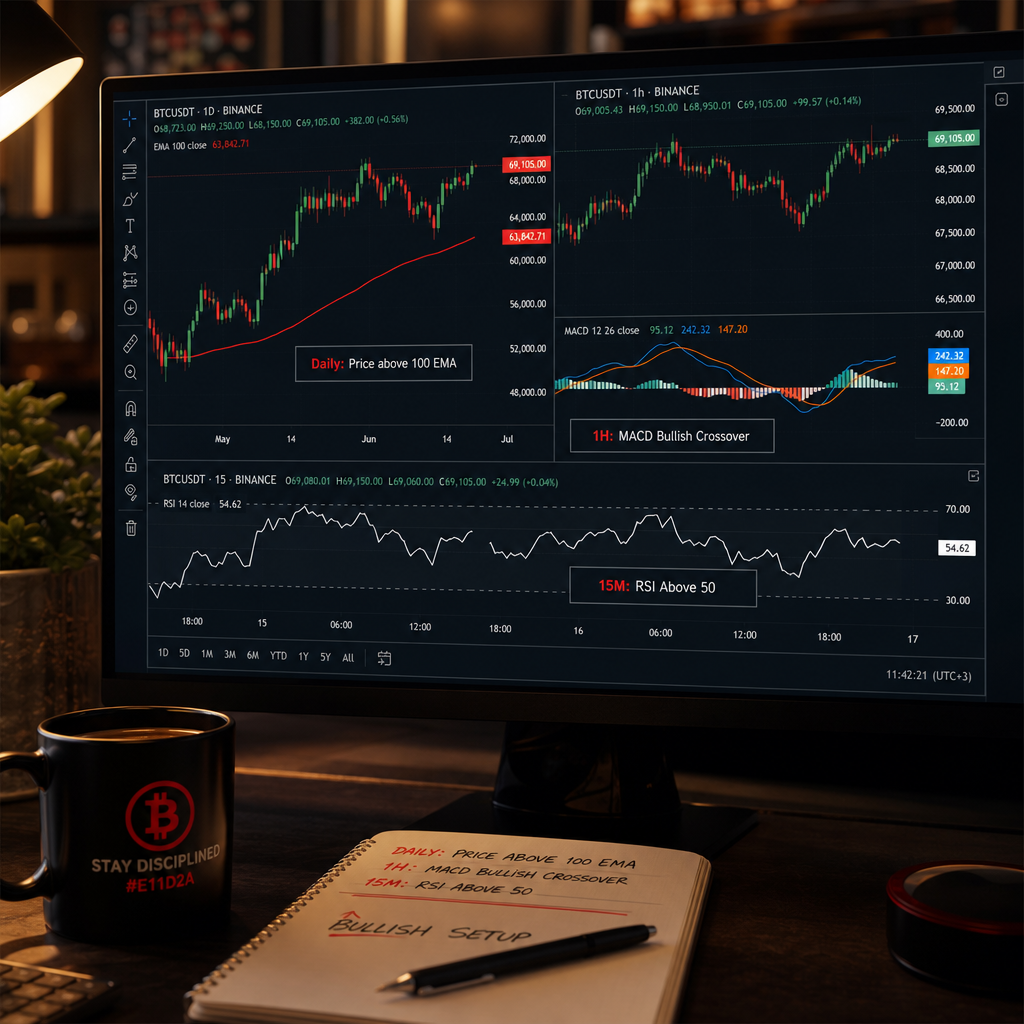 combined chart with moving average, MACD, and RSI indicators confirming a bullish setup.