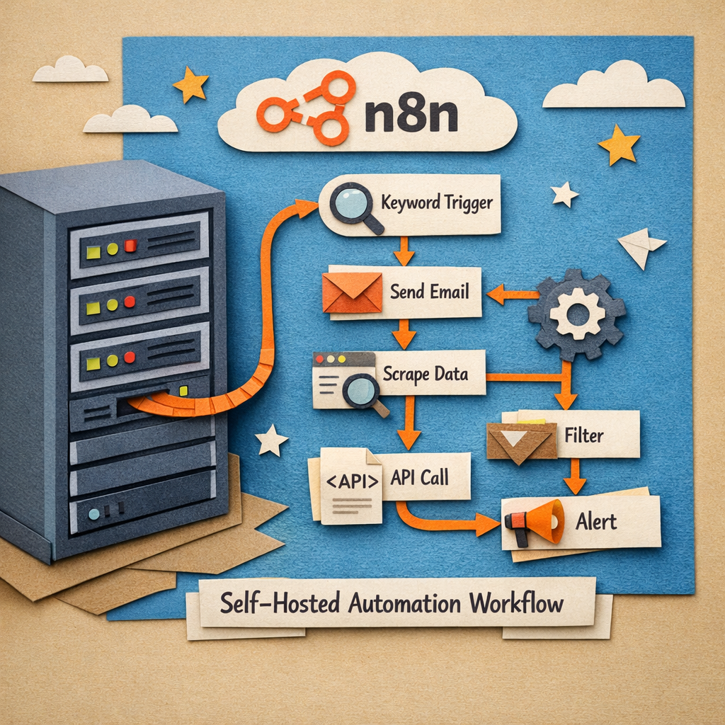 visual of self‑hosted keyword automation pipeline using n8n