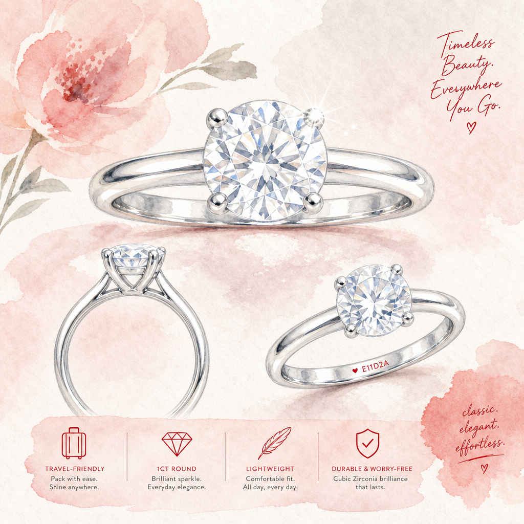 classic 1CT round cubic zirconia engagement ring travel-friendly design