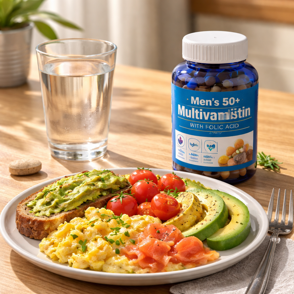 A realistic illustration of a morning routine with a glass of water, a multivitamin tablet, and a healthy breakfast plat