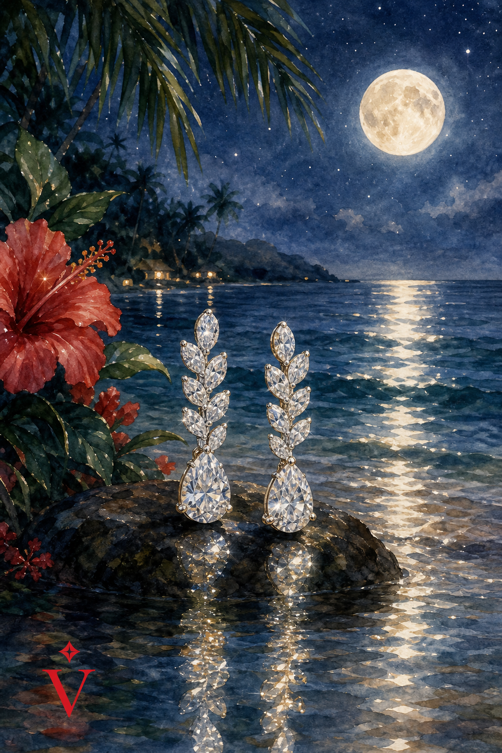 Watercolor illustration of tropical night scene with shimmering earrings reflected in moonlit ocean, alt=