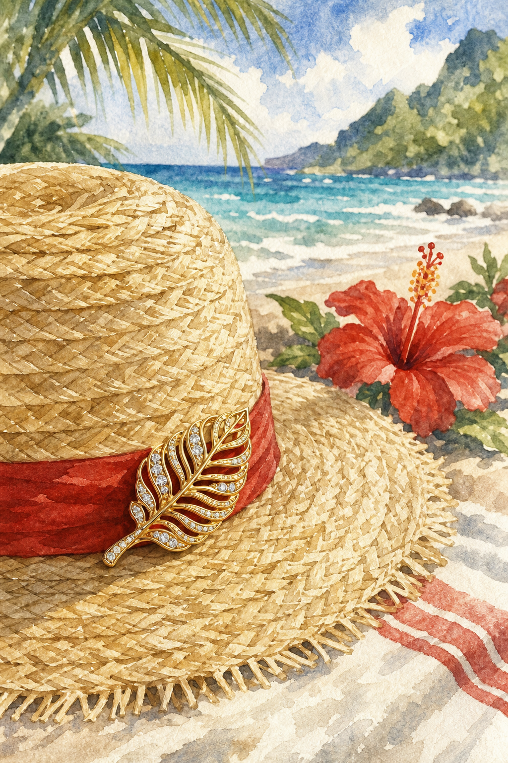 Watercolor scene of a breezy beach with a gold leaf brooch glinting on a straw hat, alt=