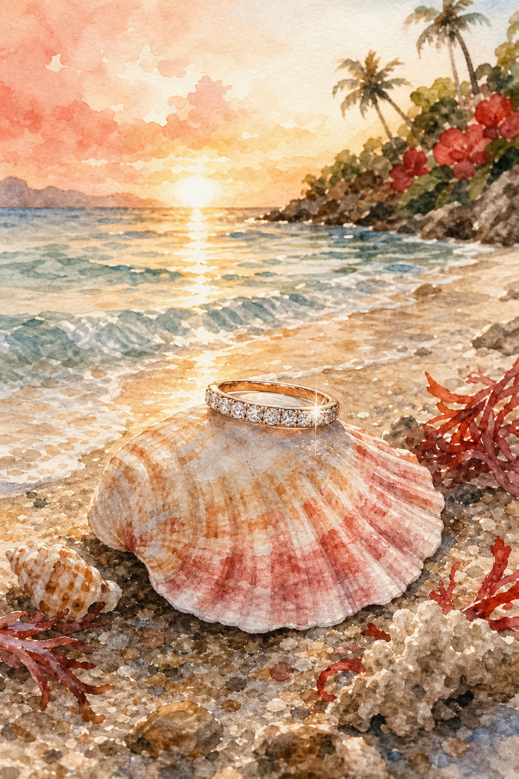 Watercolor illustration of a beach scene with a sparkling ring perched on a seashell, alt: diamond veneer travel ring on