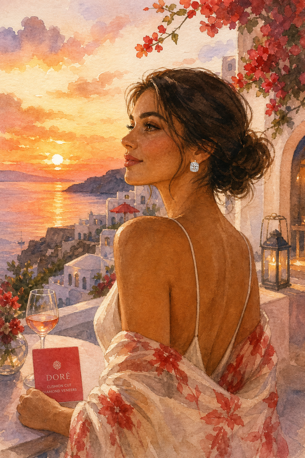 Watercolor scene of a resort balcony at sunset, a woman wearing delicate cushion earrings, alt: cushion cut diamond vene