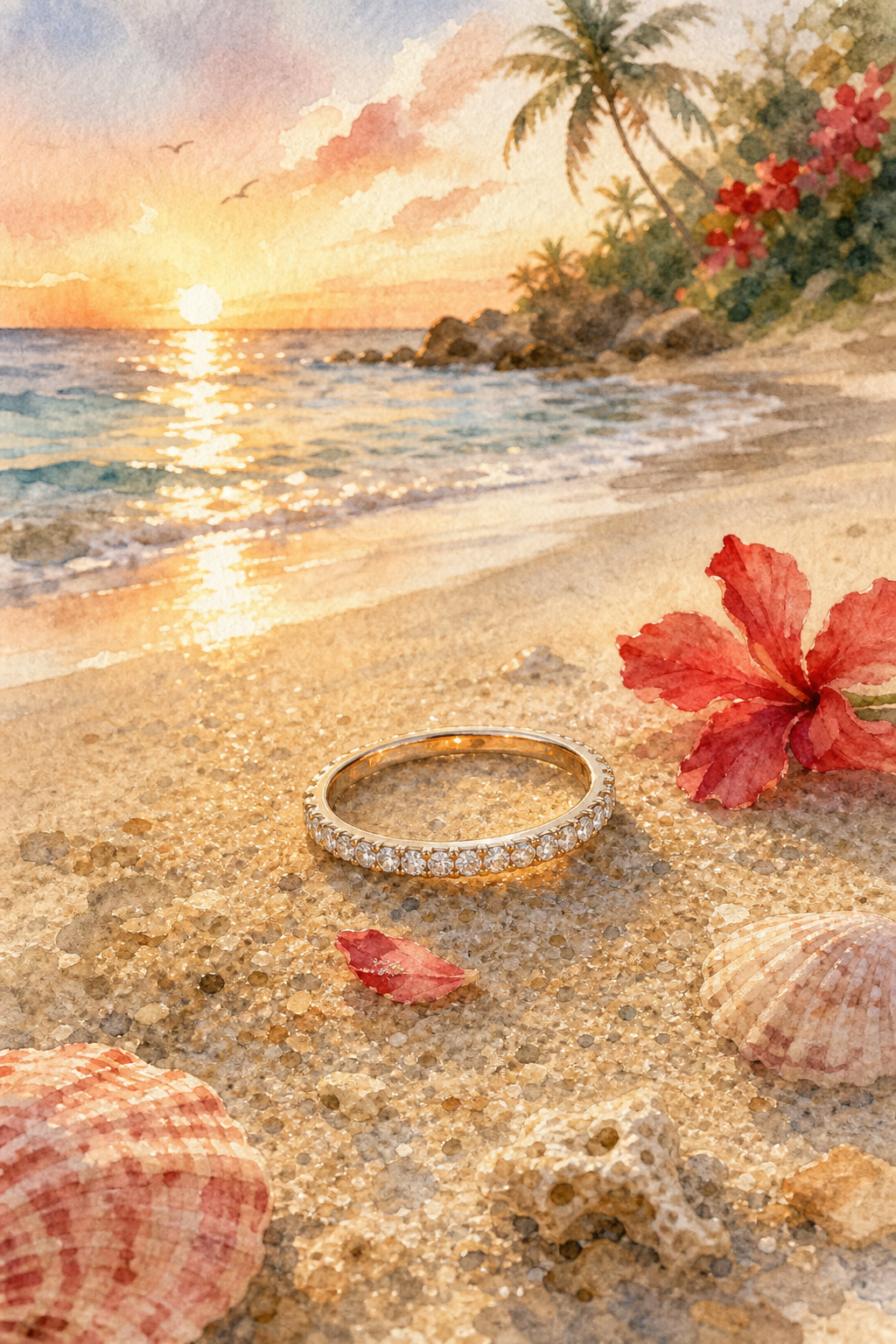 Watercolor illustration of a delicate round ring resting on a sandy beach, soft sunrise light, elegant yet simple, alt=