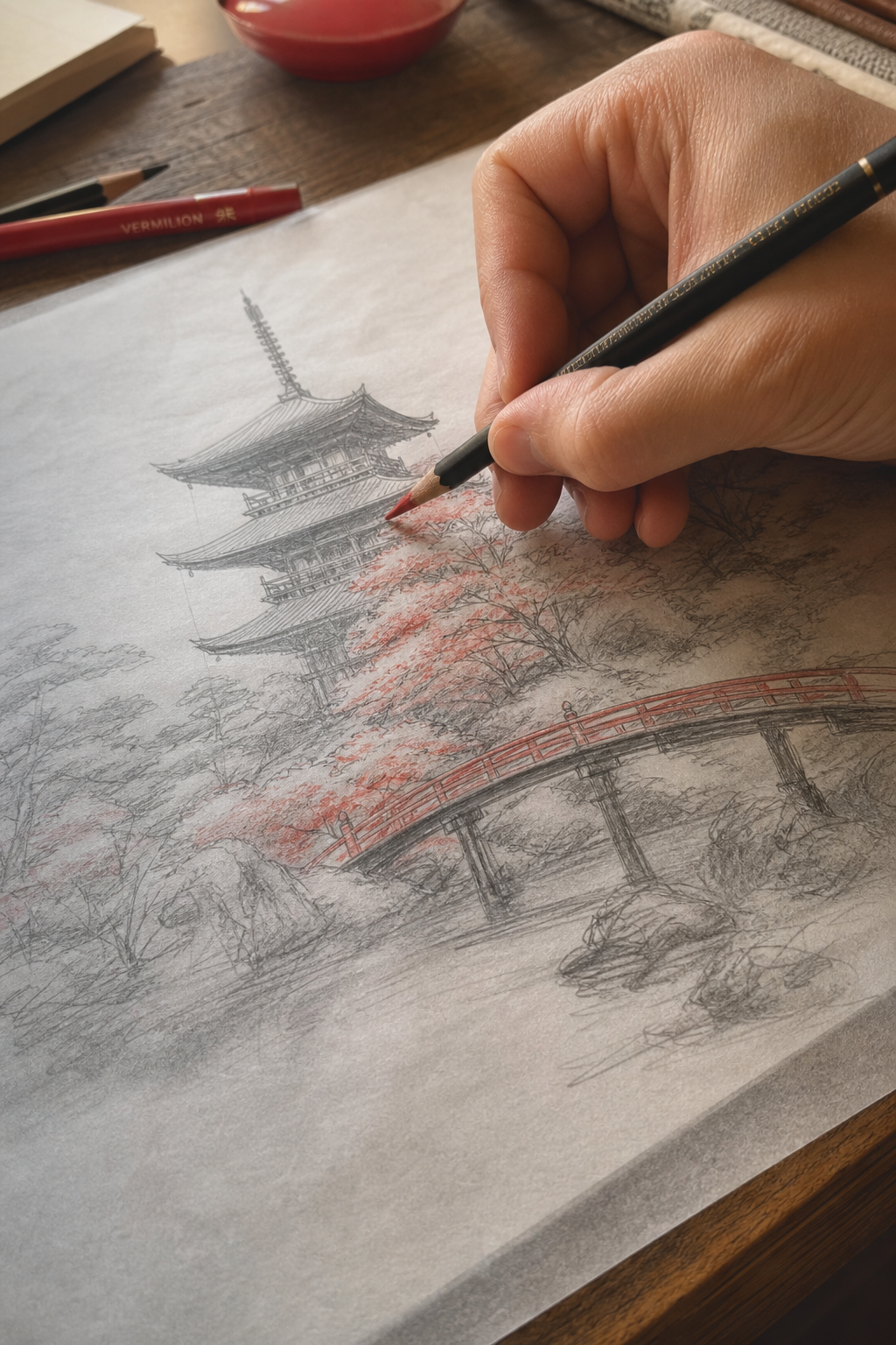 A realistic close‑up of an artist’s hand sketching on a sheet of vellum paper, the pencil tip leaving a soft, colorful t