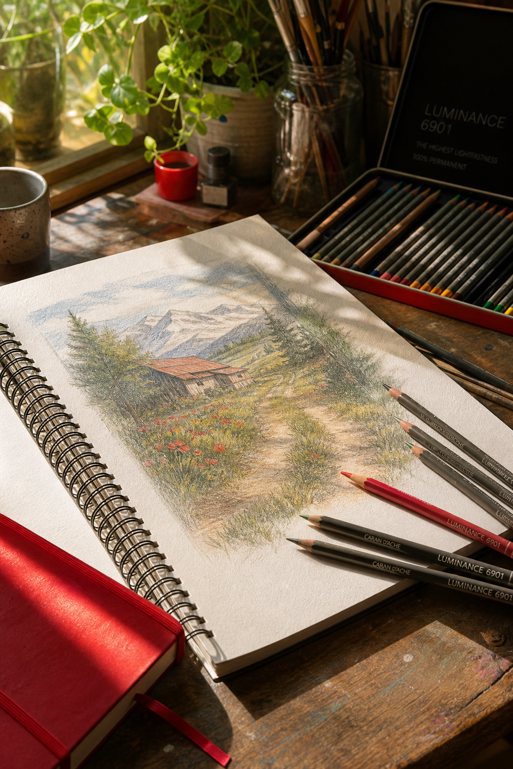 An artist’s studio scene showing a sketchbook of vellum paper with lightfast pencils scattered, warm daylight streaming 