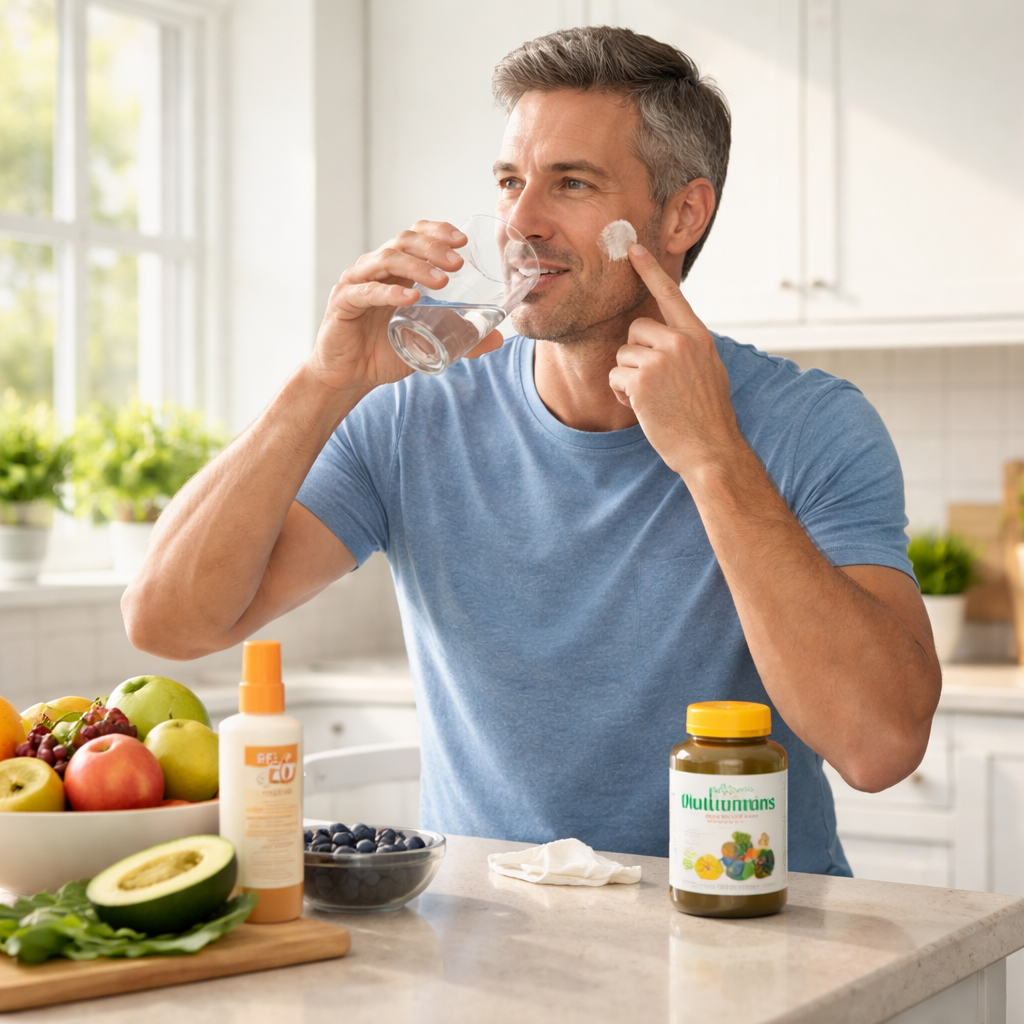 A realistic scene of a middle‑aged man drinking water, applying sunscreen, and holding a multivitamin bottle on a kitche