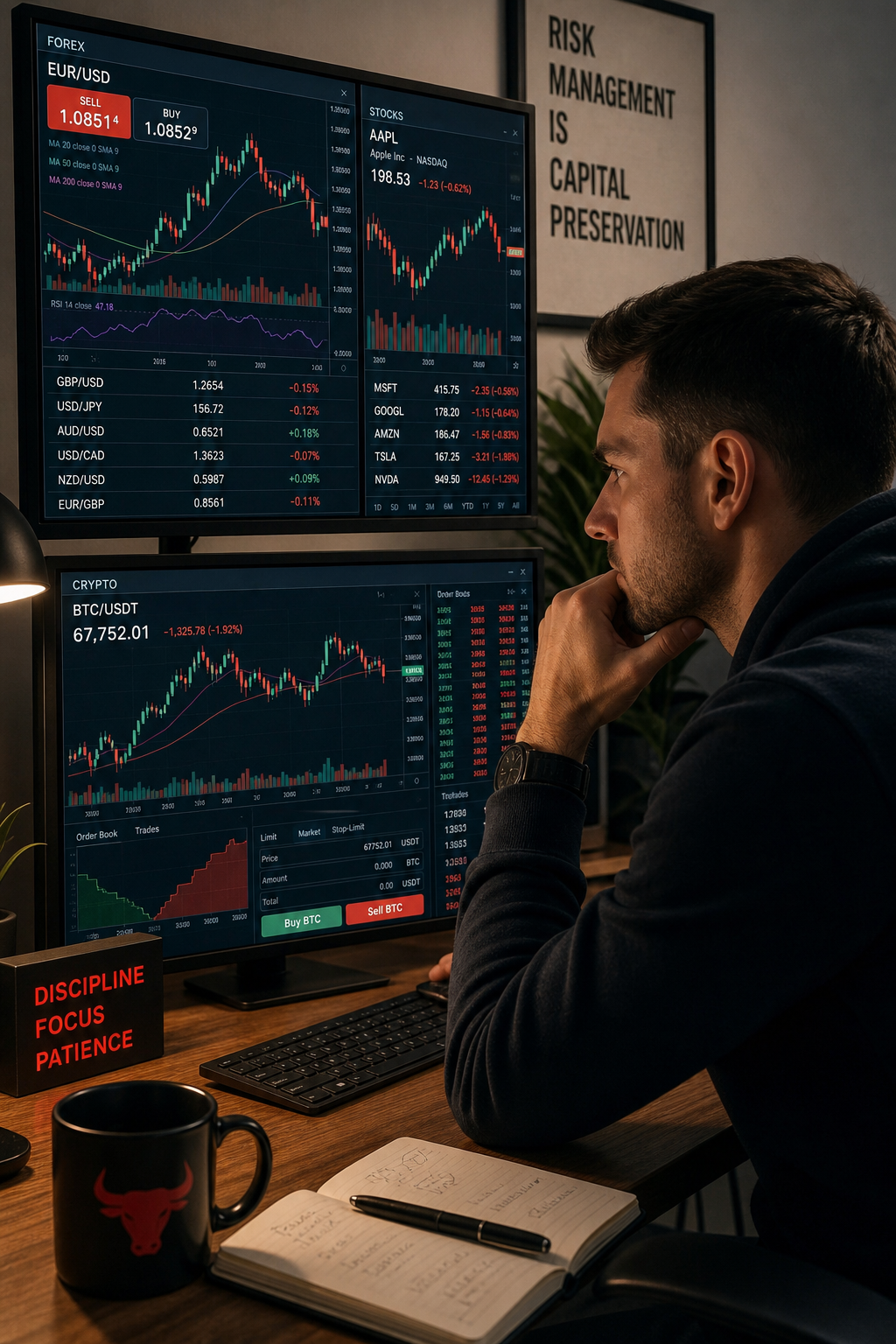 trader analyzing forex, stocks, and crypto on dual monitors