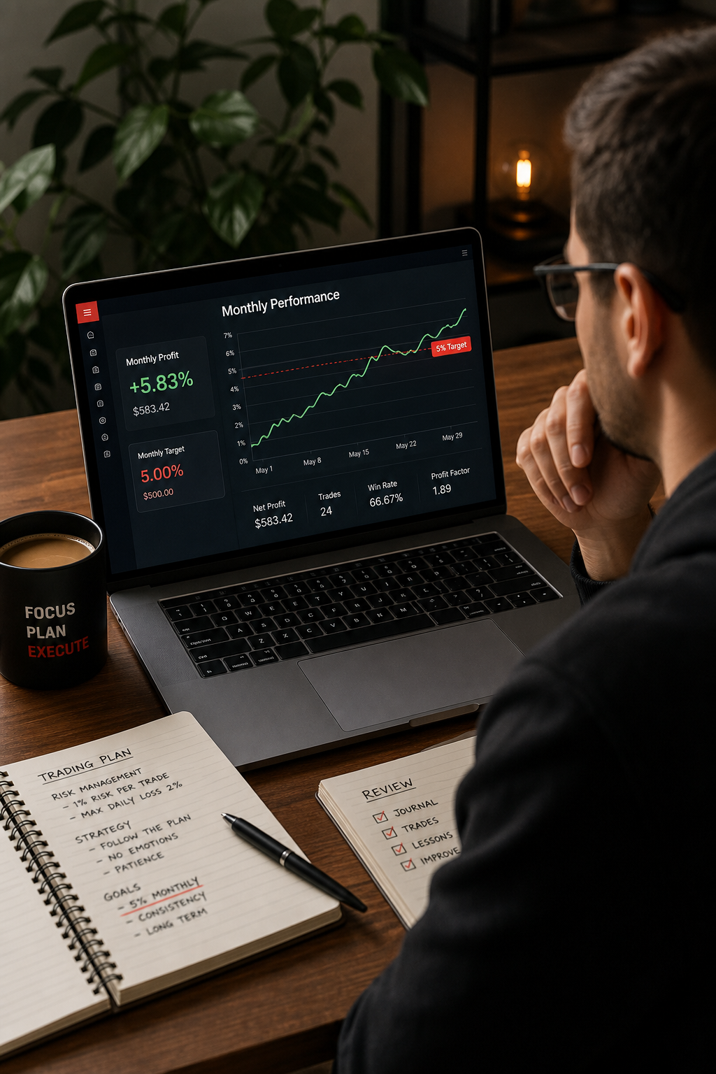 trader tracking 5% monthly profit target on laptop