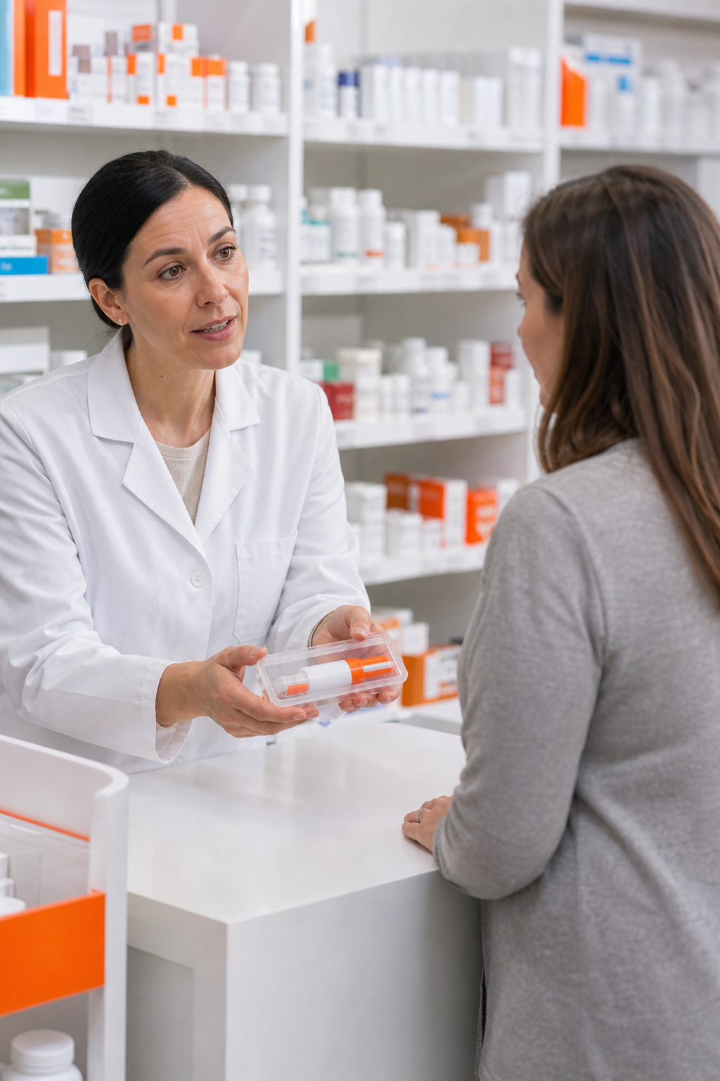 pharmacist giving naloxone kit to a family member