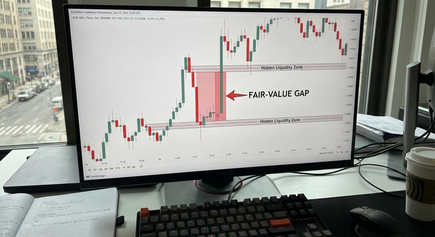 A realistic chart showing a fair‑value gap on a 5‑minute forex candlestick chart, highlighting hidden liquidity zones, w
