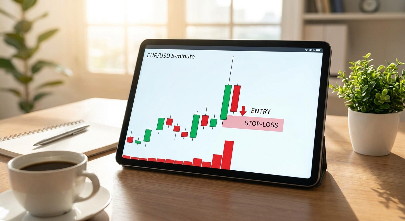 A realistic illustration of a volume spike and a long wick trap on a EUR/USD 5‑minute chart, showing entry arrows and st