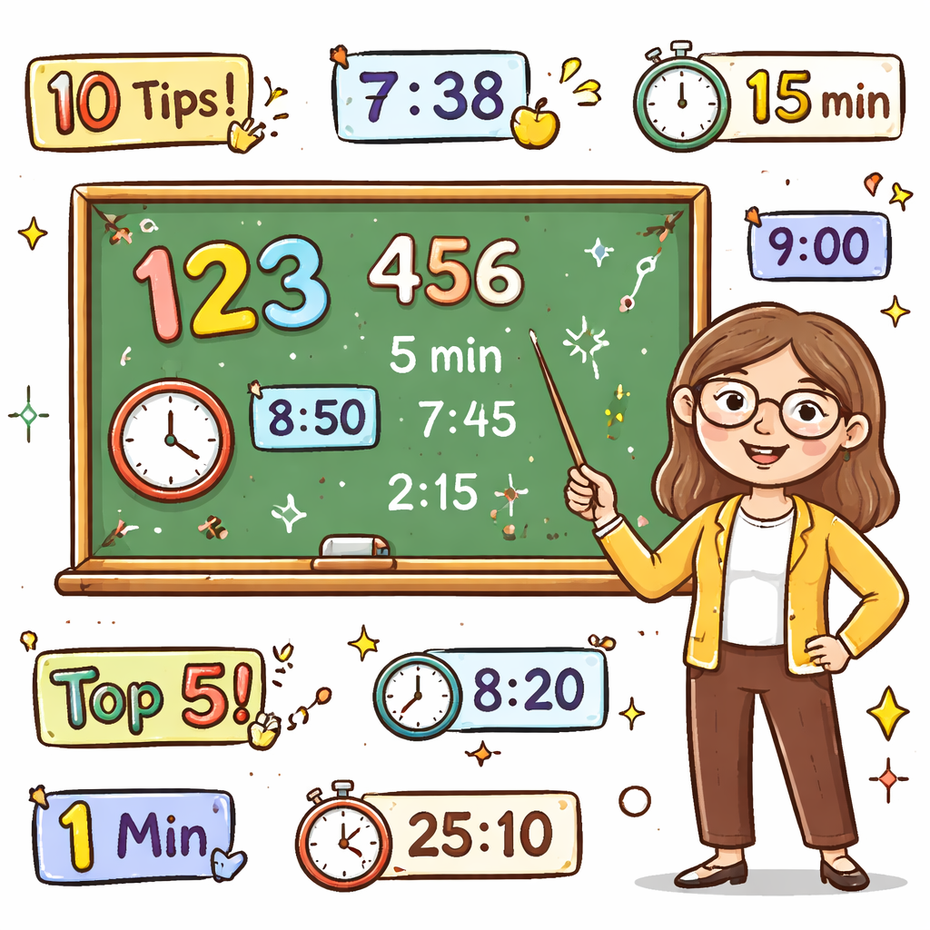 Doodle style illustration of a teacher pointing at a chalkboard with numbers and clocks, alt: numbers and timeframes in 