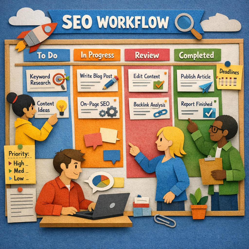 Asana SEO workflow papercraft illustration