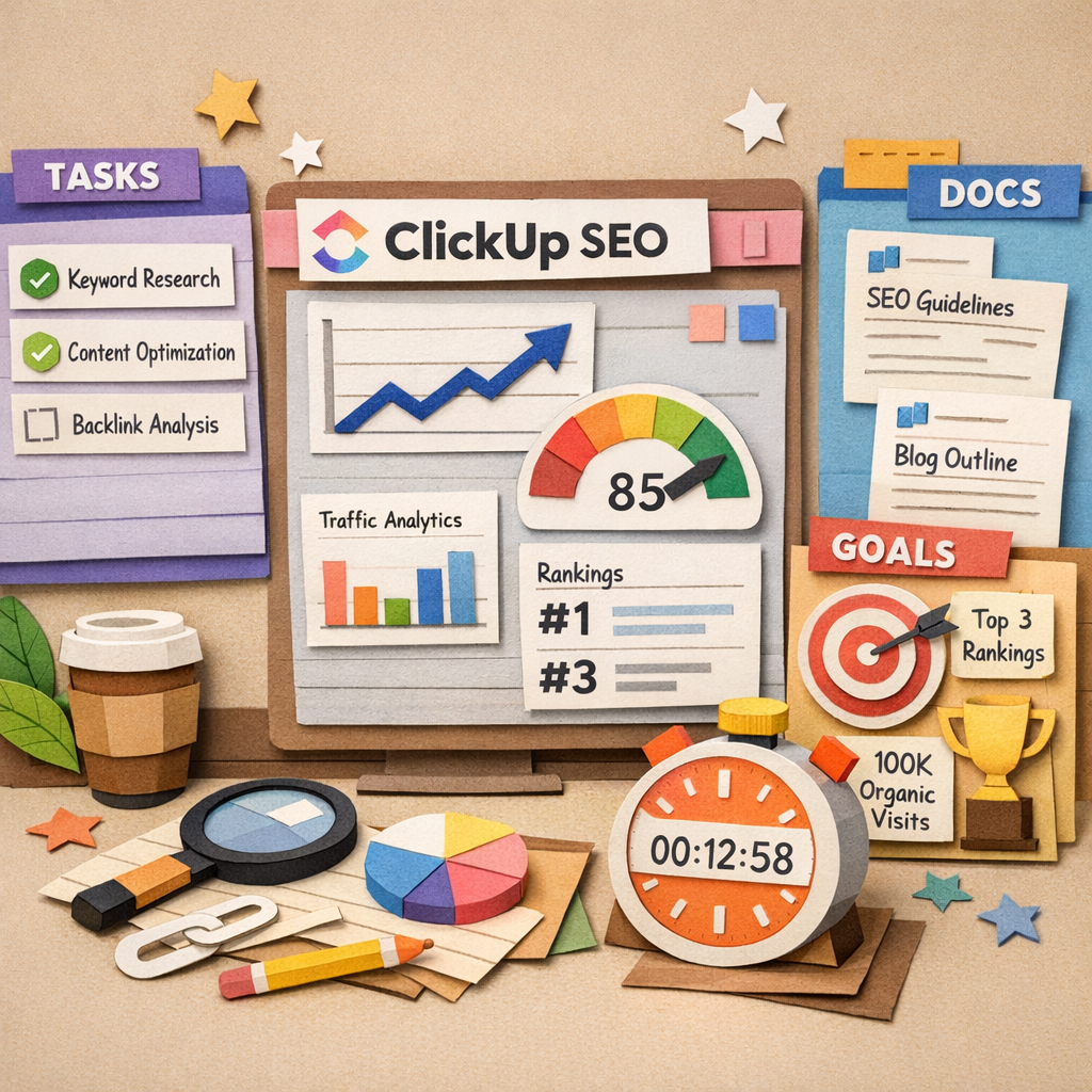 ClickUp SEO suite papercraft illustration