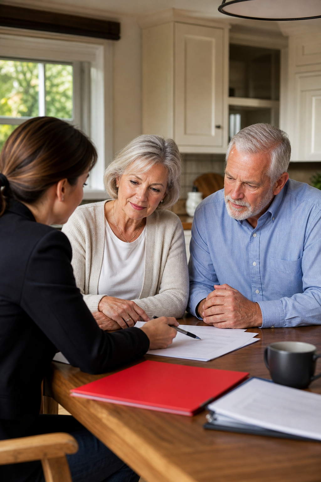 A realistic illustration of a senior couple reviewing a mortgage statement with an insurance advisor at a kitchen table,