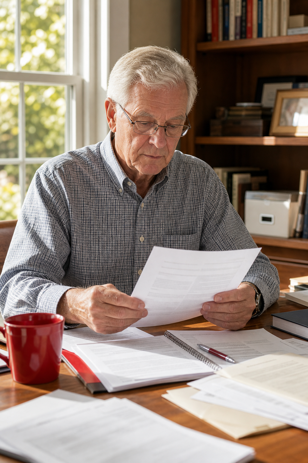 A realistic scene showing a senior reading a term‑life insurance policy document at a desk, sunlight through a window, p