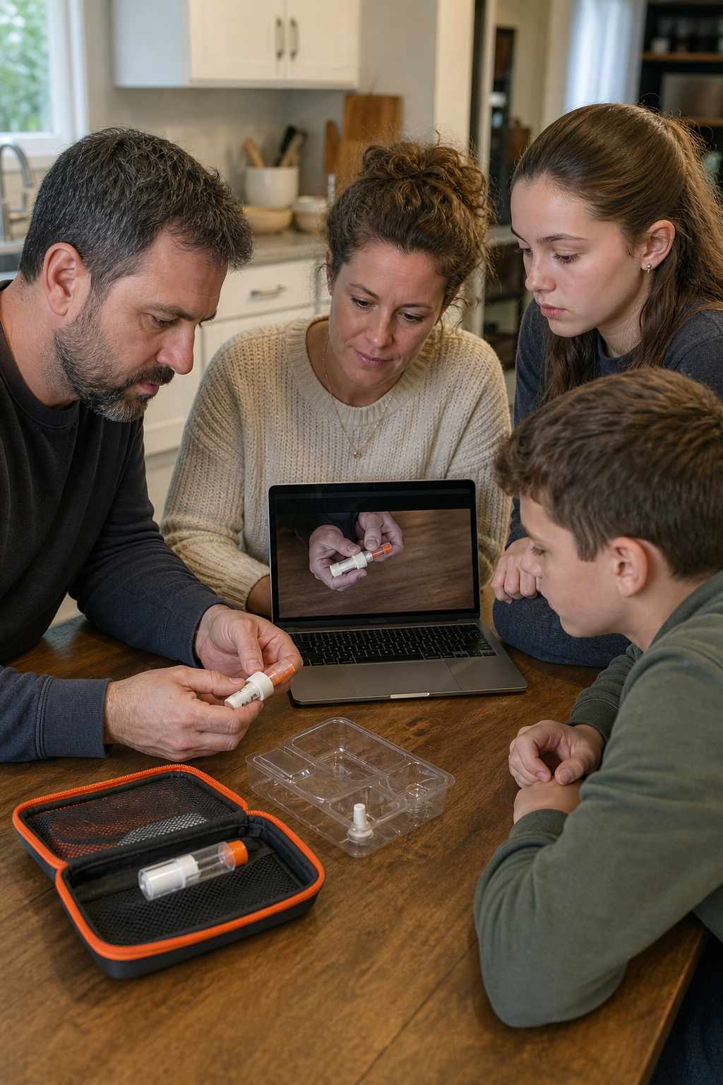 family practicing naloxone administration with trainer kit