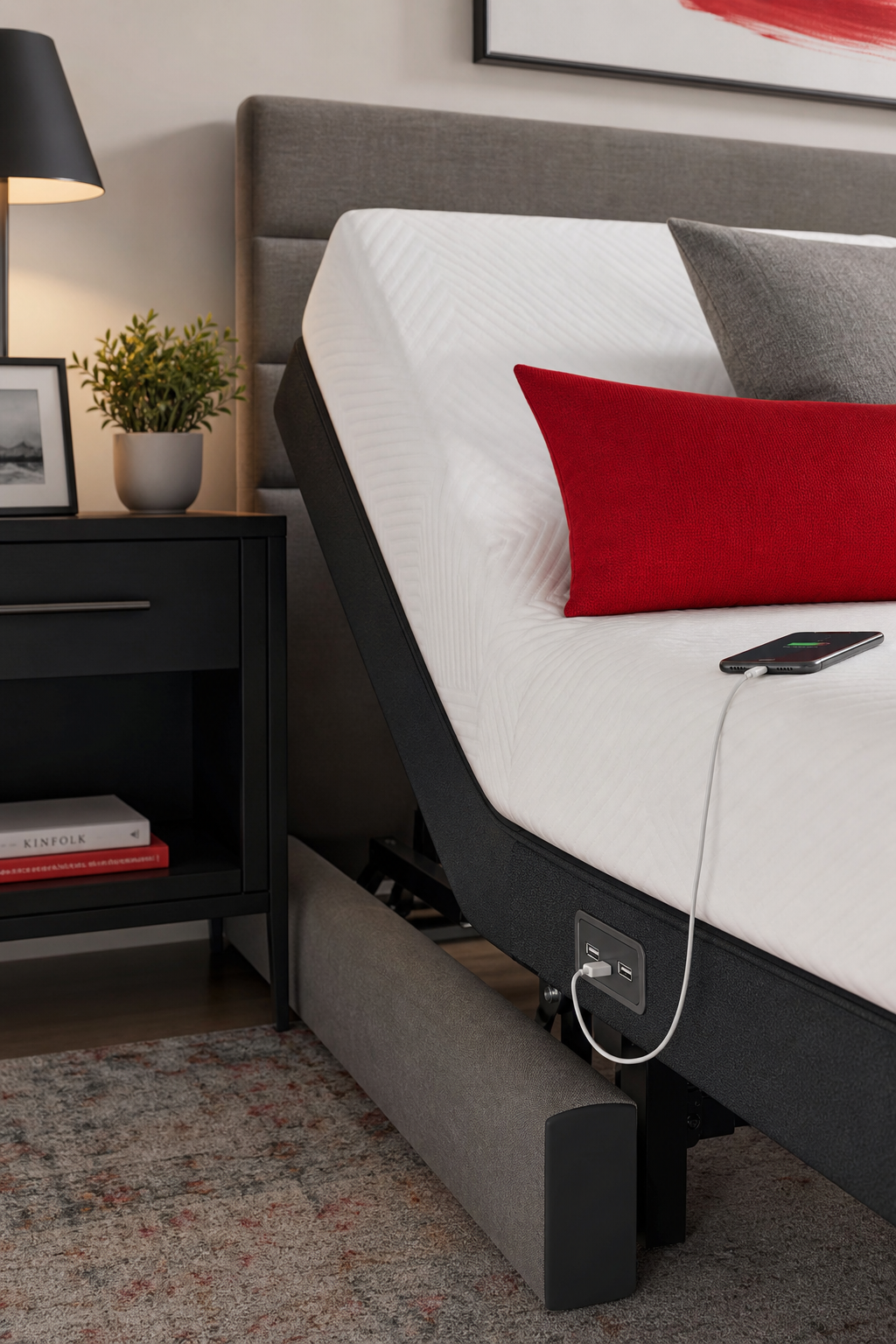 compact adjustable bed with USB ports in a small bedroom
