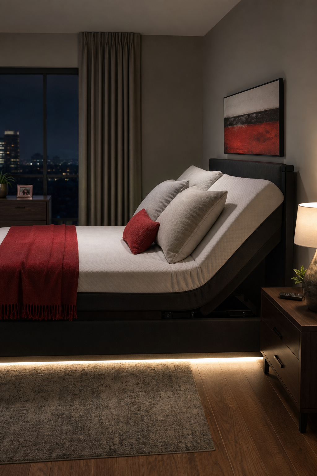 wall‑hugger adjustable bed in tight bedroom