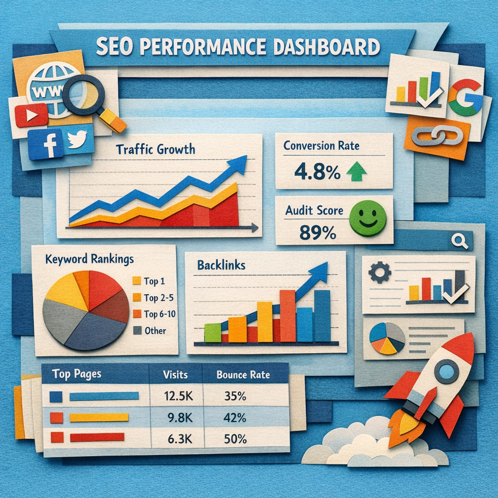 "SEO performance dashboard visual in papercraft style"
