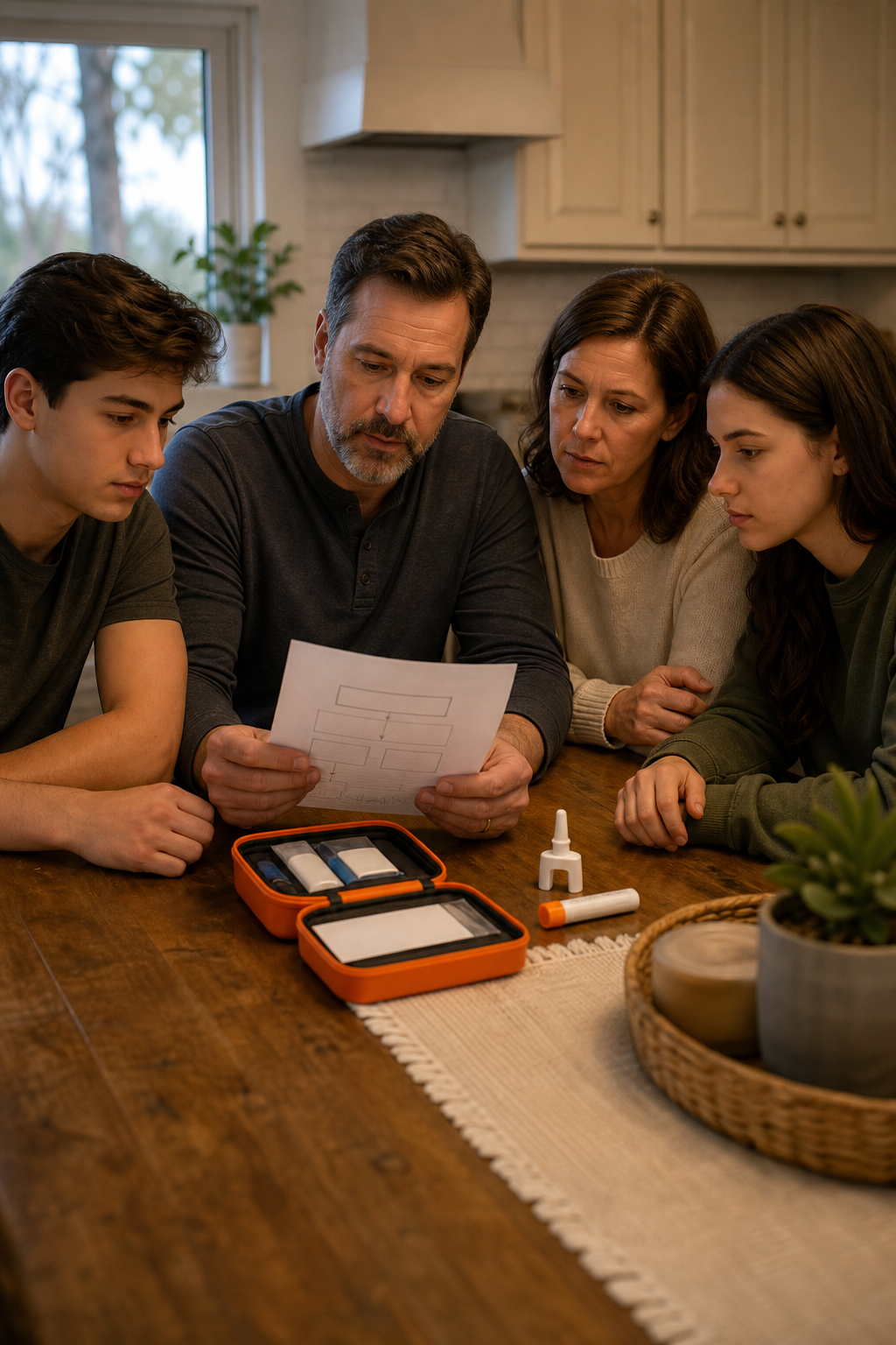 A realistic scene of a family gathered around a kitchen table, holding a printed overdose response plan and a naloxone k