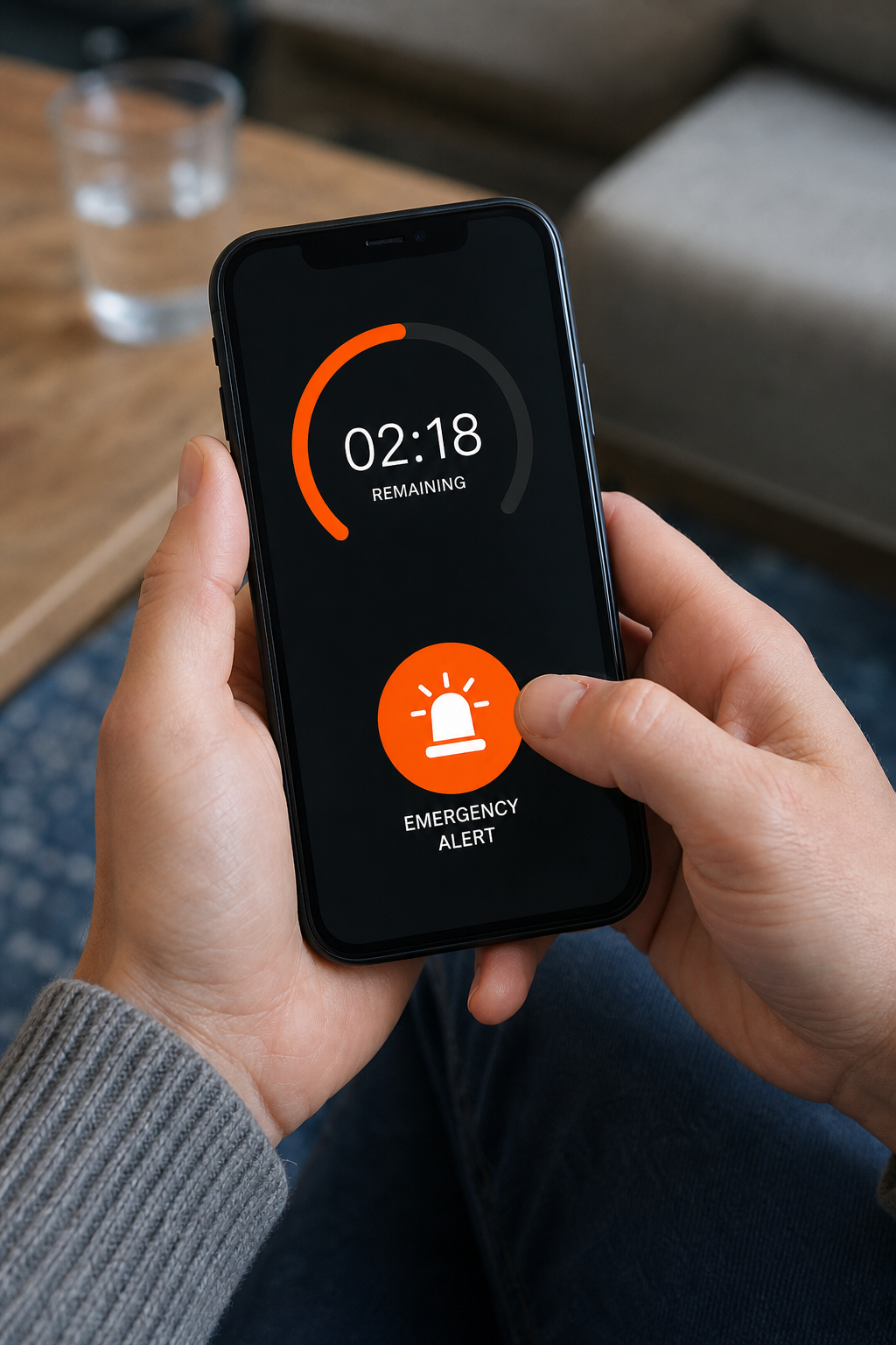 A realistic smartphone screen showing a countdown timer and emergency alert button in a mobile overdose response app, ha