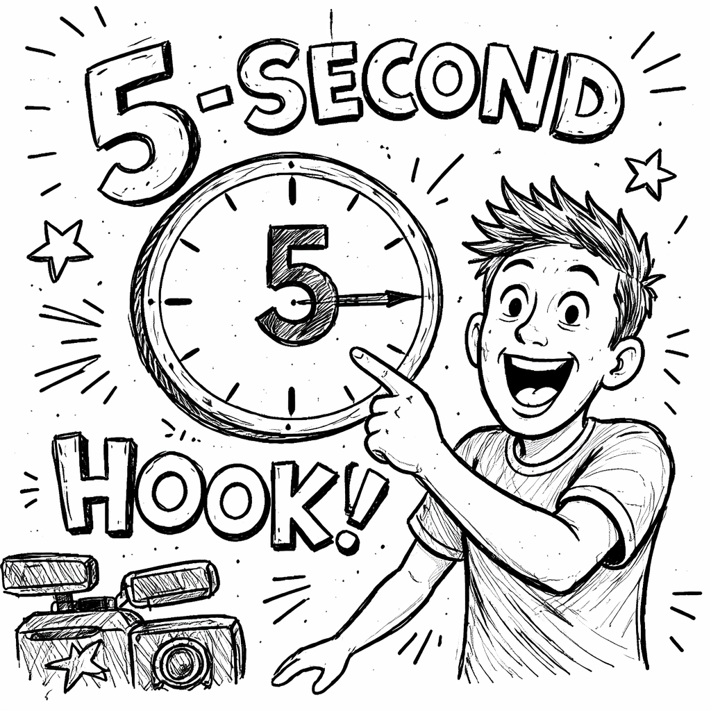 A doodle‑style sketch of a YouTuber pointing at a big “5‑second hook” clock, alt: hook opening for YouTube videos