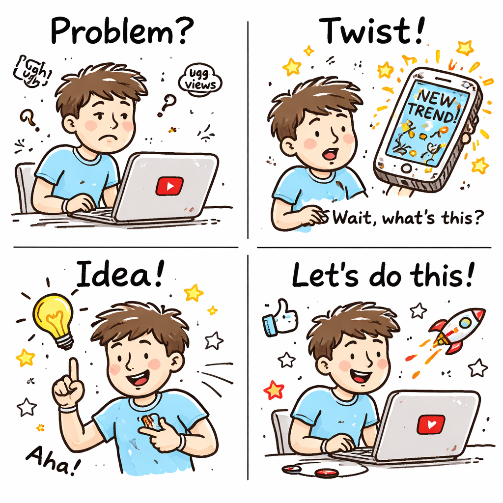 A doodle‑style comic strip of a YouTuber facing a problem, a twist, and a lightbulb moment, alt: narrative hook storyboa