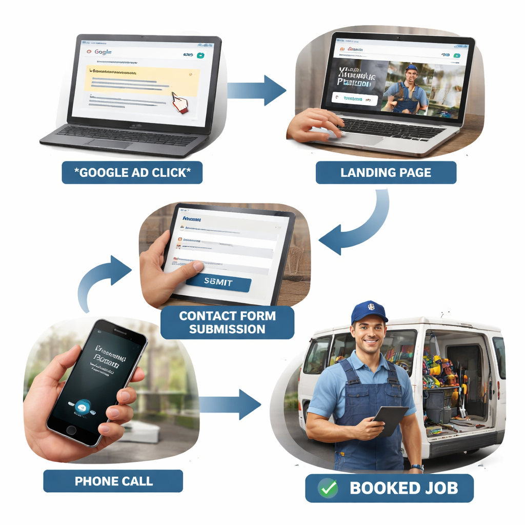 tradie conversion funnel from ad click to booked job.
