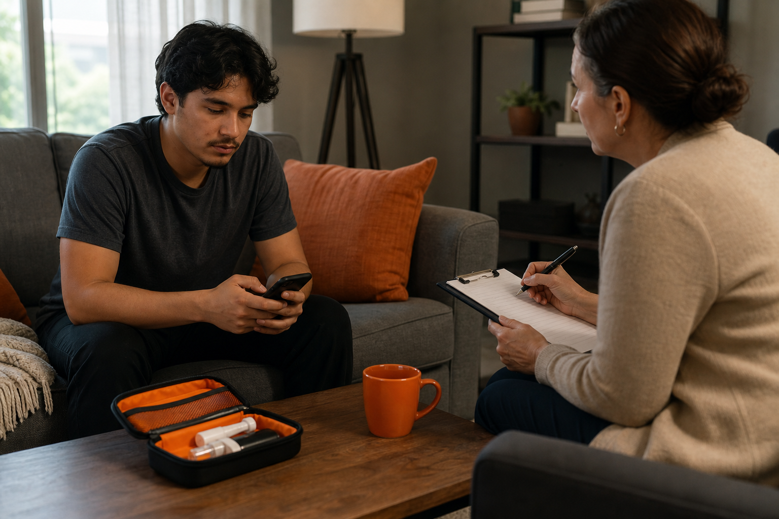 post‑overdose follow‑up planning scene in a home environment.