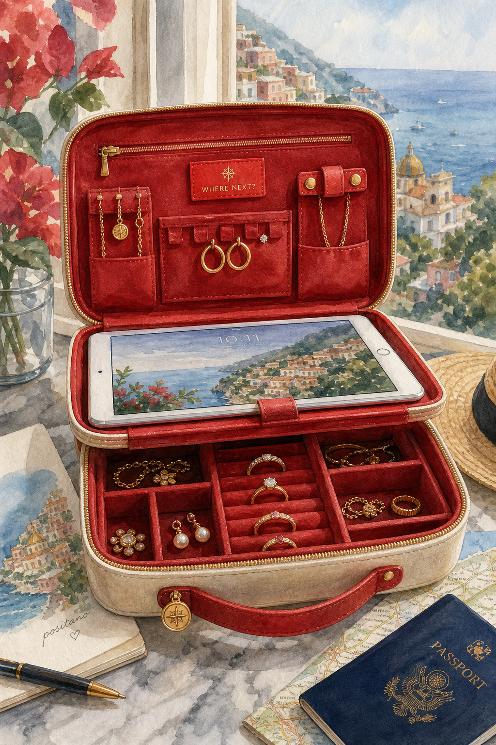 Watercolor scene of an open travel jewelry box with velvet interior, multiple compartments, and a tablet lying on the to