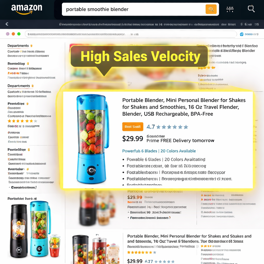 A realistic style image of an Amazon search results page highlighting a product with high sales velocity, alt: amazon pr