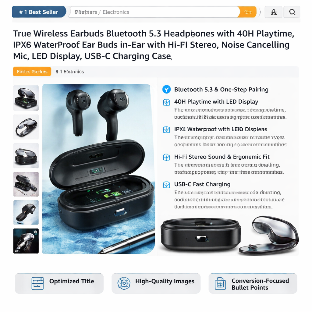 A realistic style image</a> of a product detail page showing optimized title, bullet points, and high‑resolution images,