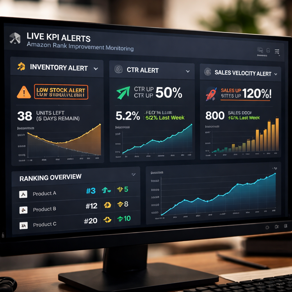 A realistic style image of a dashboard showing live KPI alerts for inventory, CTR, and sales velocity, alt: amazon produ