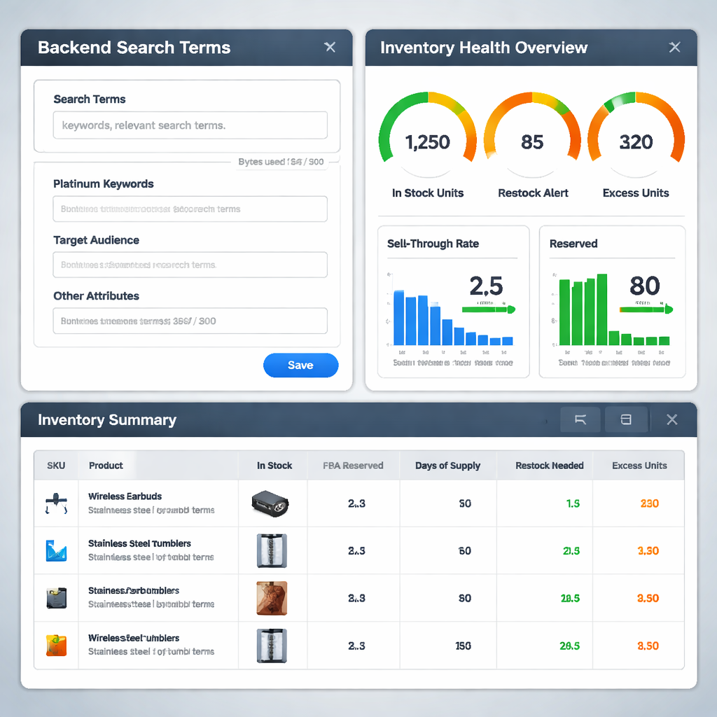 Amazon backend settings and inventory health dashboard illustration.