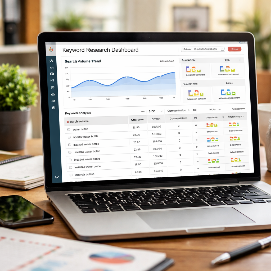 amazon product listing conversion optimization keyword research dashboard visual.