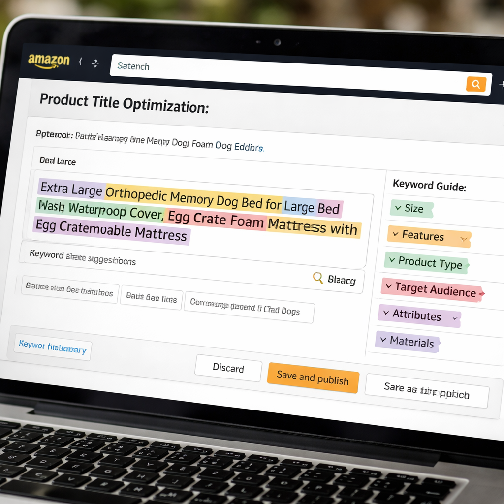 A realistic photo of a laptop screen showing an Amazon product title editor with highlighted keyword groups, alt: amazon