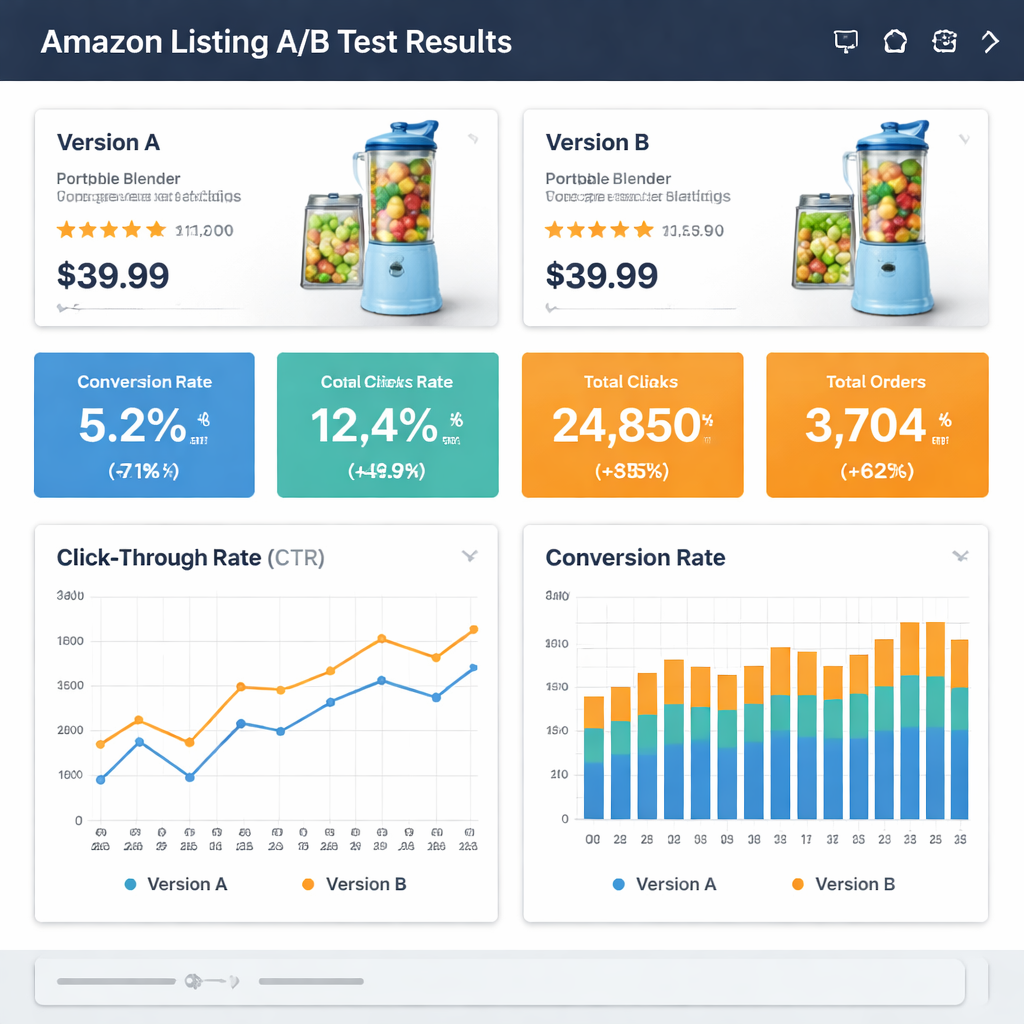 A realistic dashboard view of A/B test results for Amazon listings, showing click-through rates and conversion, alt: ama