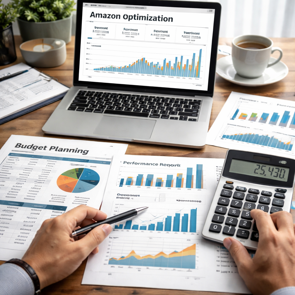Amazon optimization budget planning with performance metrics and cost analysis charts