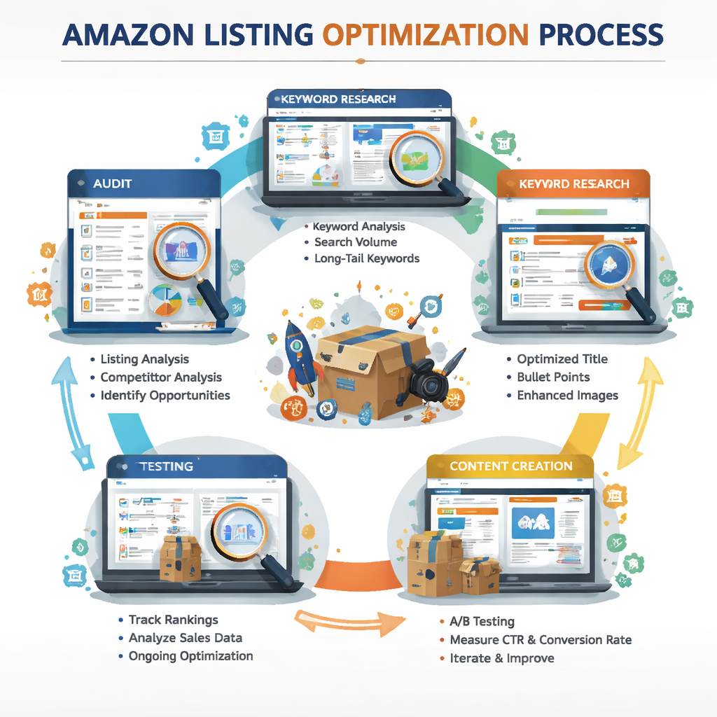 Amazon product description optimization service workflow and methodology diagram
