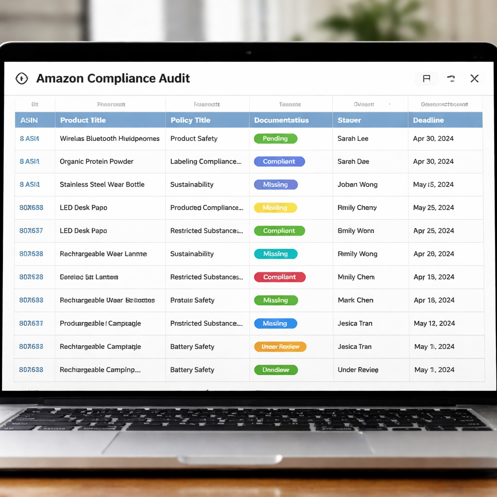 amazon product listing compliance audit spreadsheet overview.