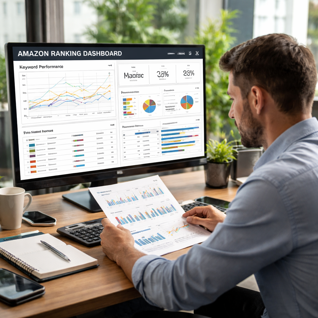 A realistic office scene showing a data analyst reviewing a dashboard of Amazon ranking metrics, alt: Amazon ranking ser